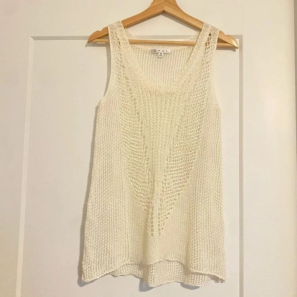 Cabi White Linen Boho Chic Loose Knitted Festival Casual Tank Top Blouse Shirt